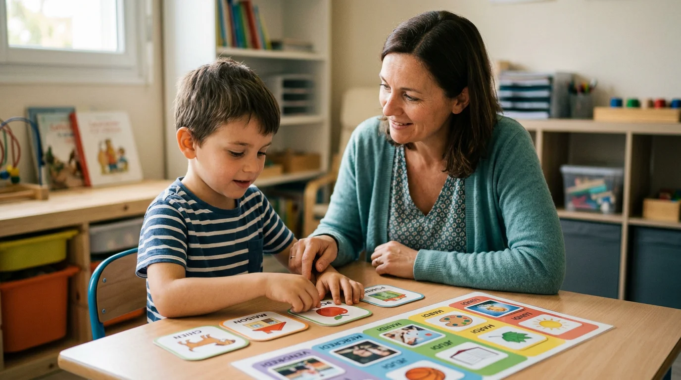 Adulte accompagnant un enfant à besoins éducatifs particuliers avec des supports visuels