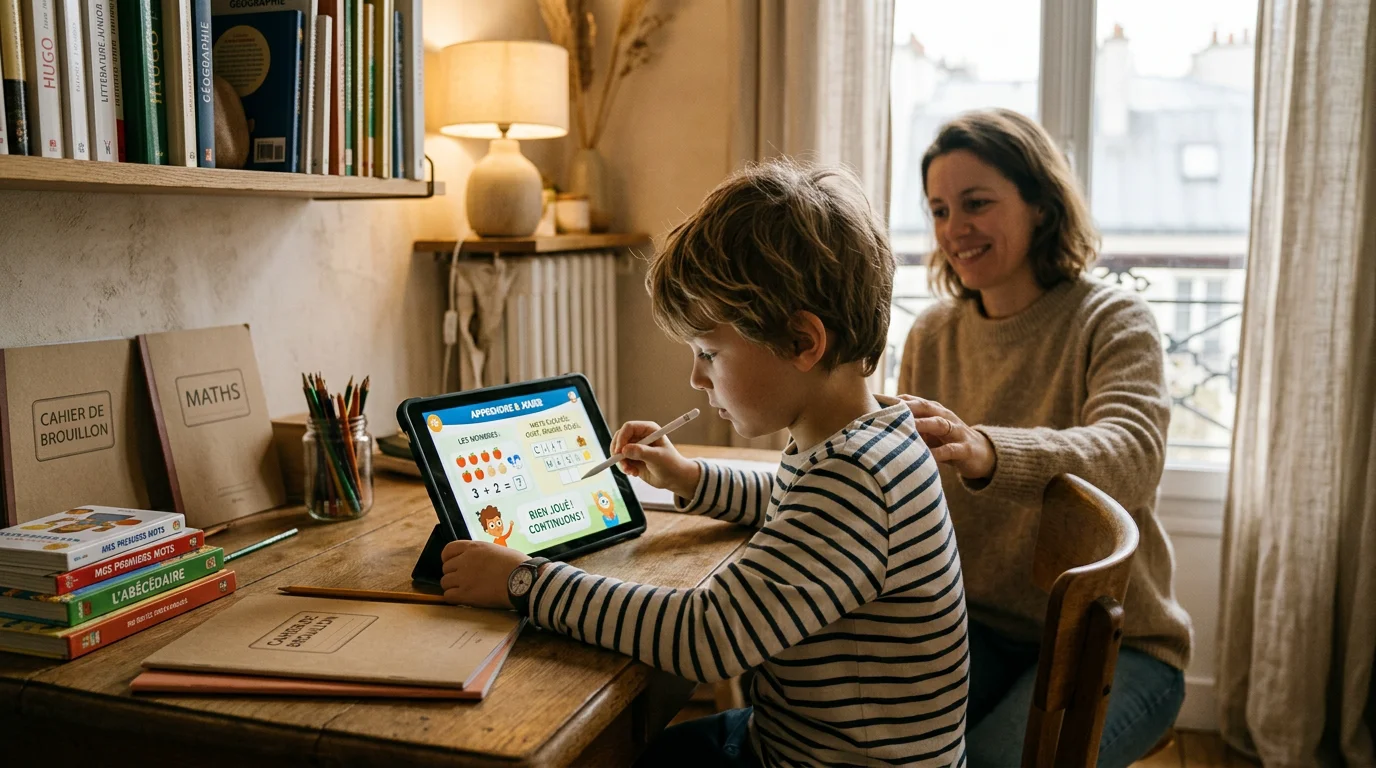Enfant du primaire travaillant sur une tablette éducative accompagné d'un parent