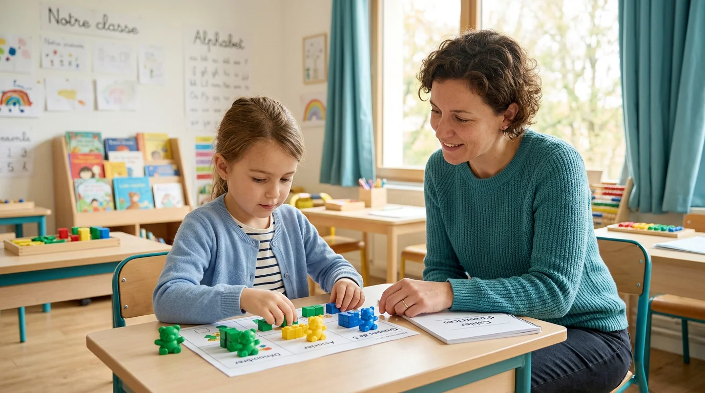 Enfant accompagné par un adulte lors d'un apprentissage adapté en classe