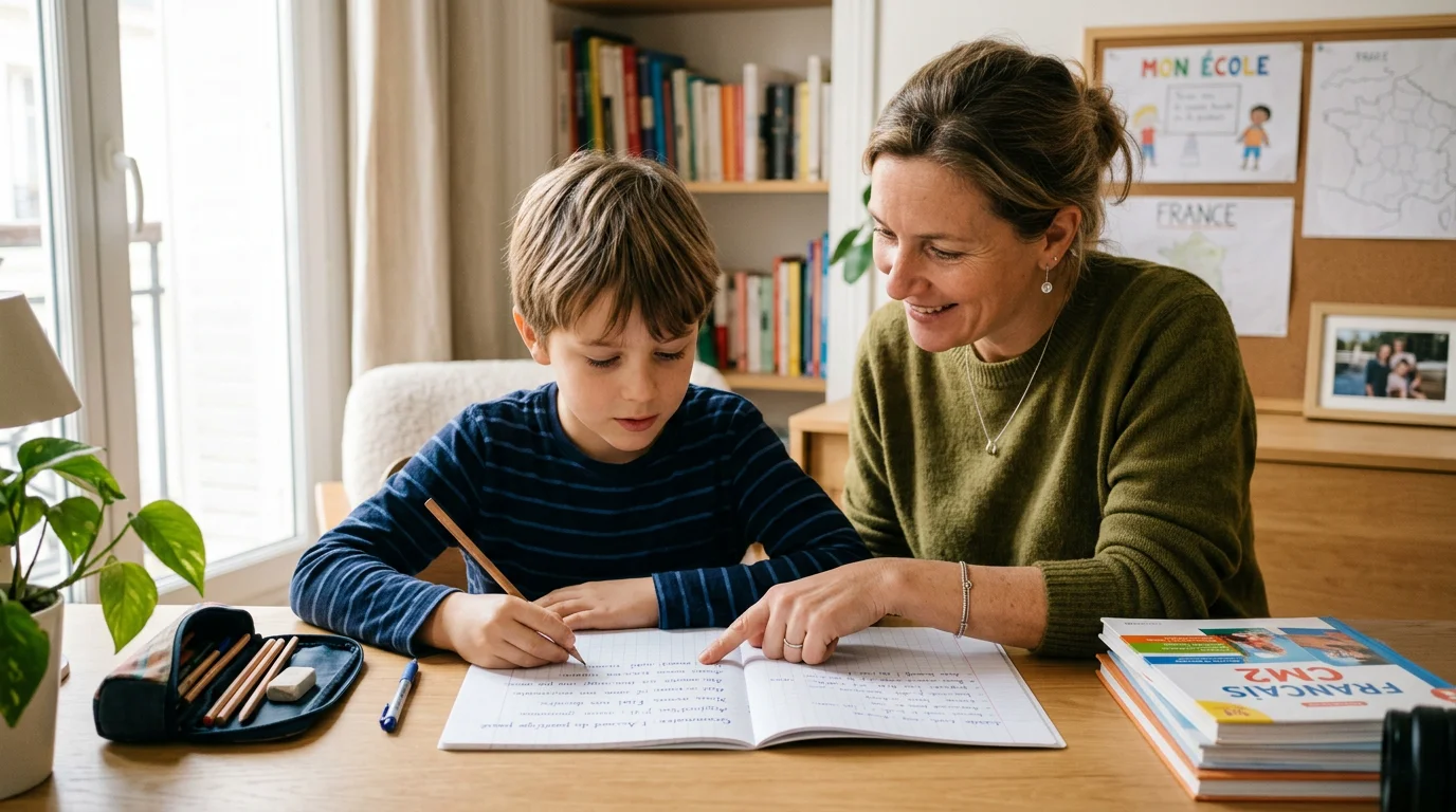 Enfant de CM2 travaillant à son bureau avec l'aide d'un adulte