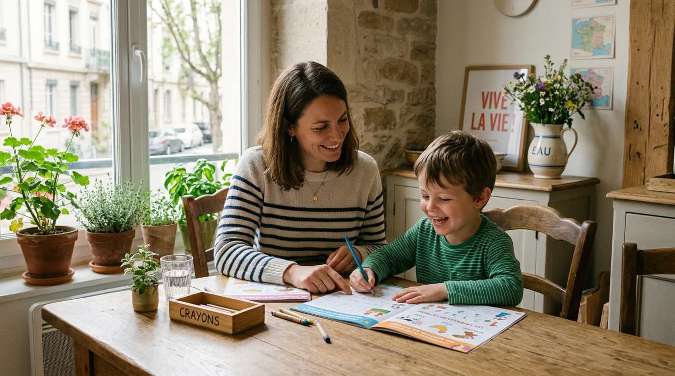 Parent et enfant révisant ensemble des fiches d'exercices de CM2