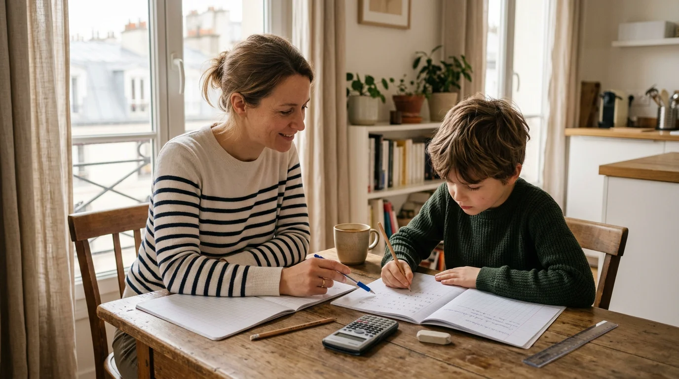 Un parent aide son enfant de primaire à faire ses devoirs à la maison