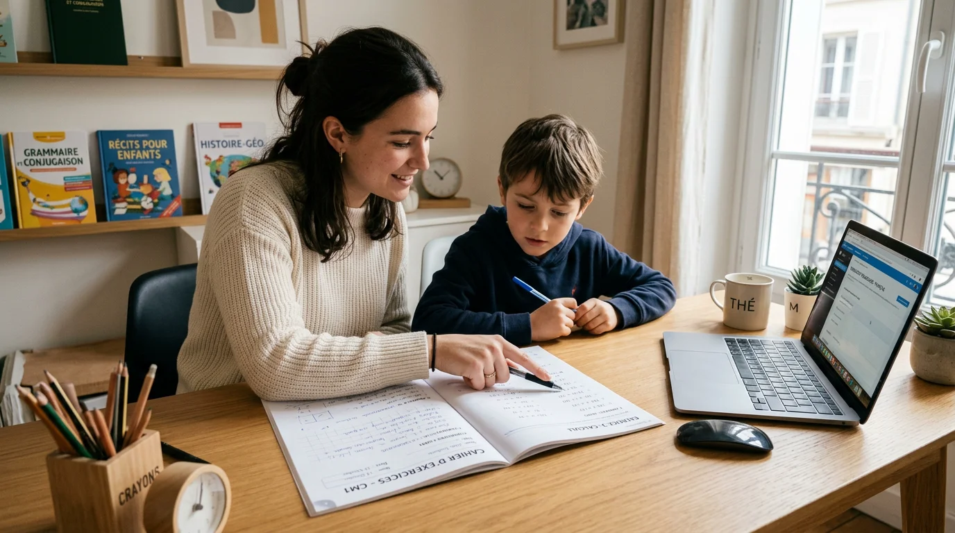Un professeur particulier accompagne un enfant de primaire lors d'une séance de soutien